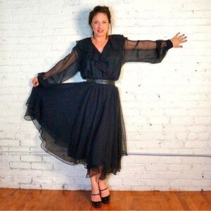 Vintage Black Chiffon Midi Cocktail Party Dress Sheer Sleeve Ruffle Neckline